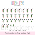 Christmas Lights Bean Stitch Applique Embroidery Font: Alphabet A to Z in green outlined Christmas light bulbs with strand end pieces, available in 1 to 3 inch sizes plus BX