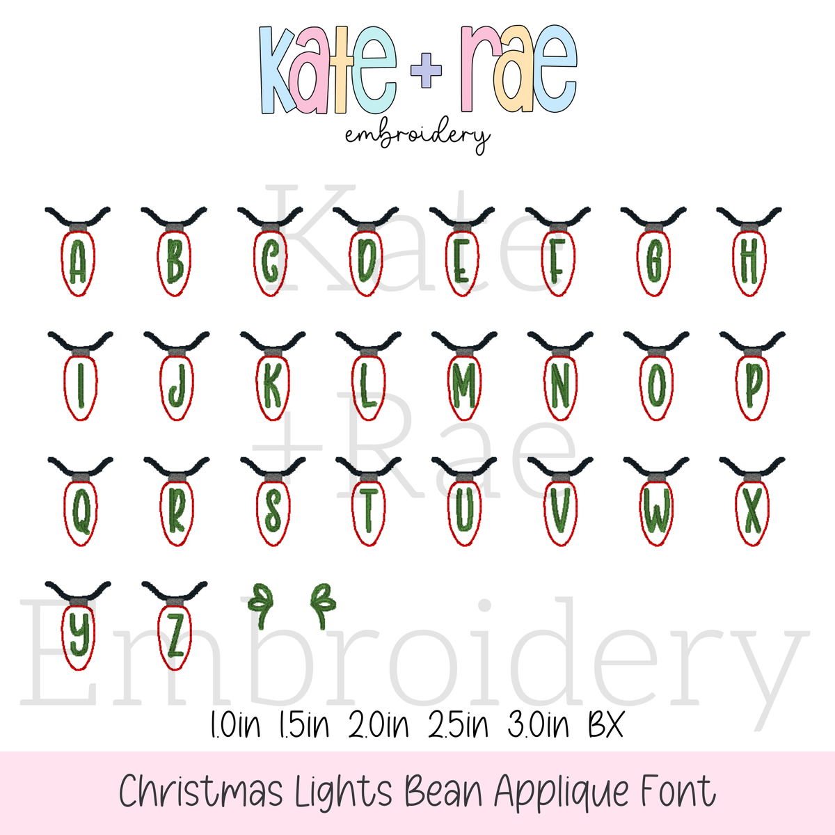 Christmas Lights Bean Stitch Applique Embroidery Font: Alphabet A to Z in green outlined Christmas light bulbs with strand end pieces, available in 1 to 3 inch sizes plus BX