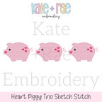 Heart Piggy Trio Sketch Stitch Embroidery Design: Design preview of three pink sketch stitch pigs with red hearts