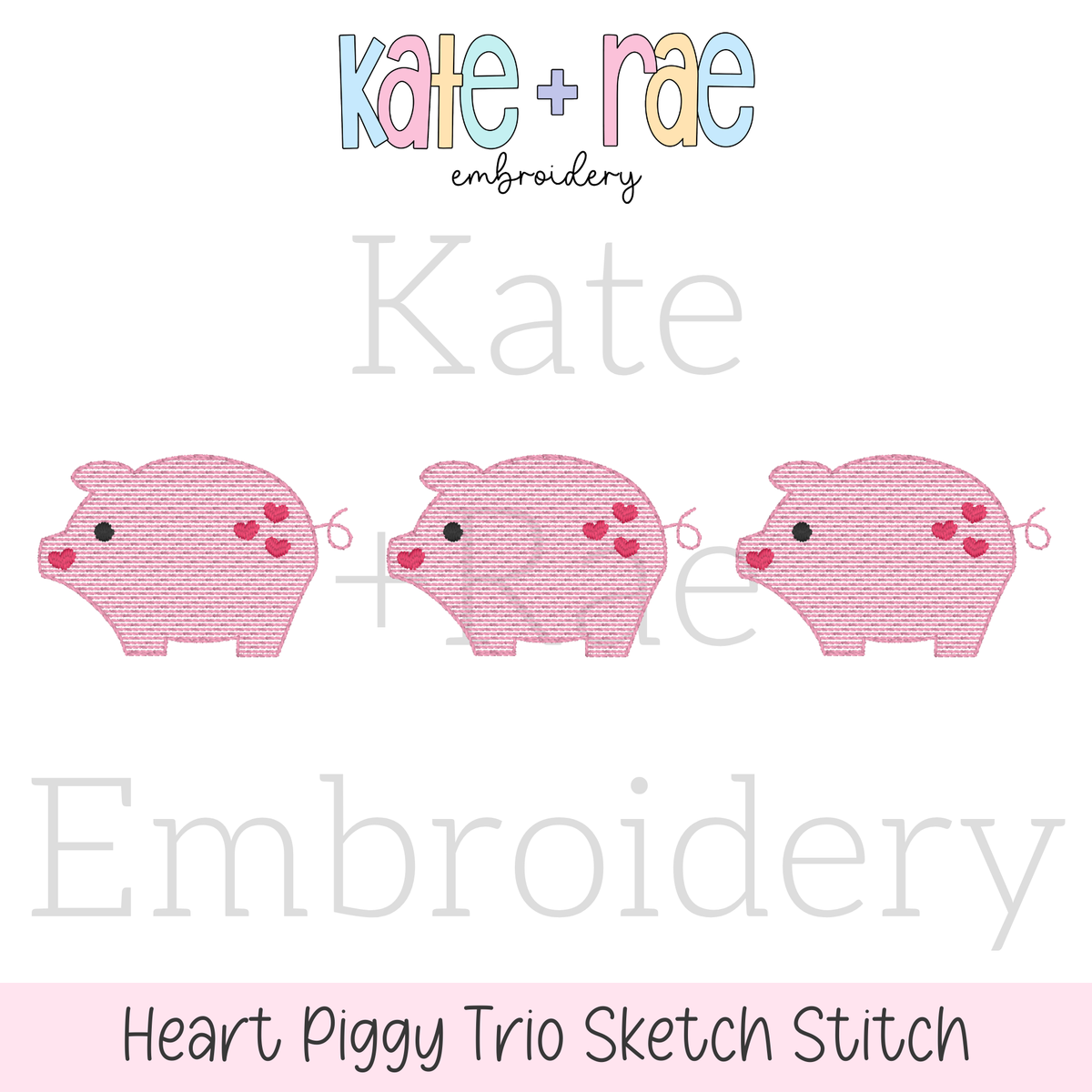 Heart Piggy Trio Sketch Stitch Embroidery Design: Design preview of three pink sketch stitch pigs with red hearts