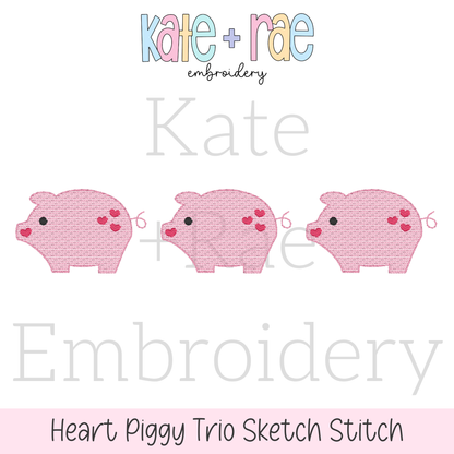 Heart Piggy Trio Sketch Stitch Embroidery Design