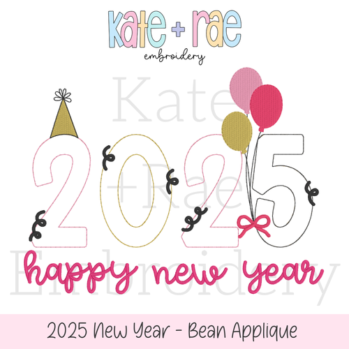 2025 New Year's Bean Stitch Applique Embroidery Design: Design preview of 2025 in outlined pink, gold, and gray numbers with a party hat, balloons, and happy new year
