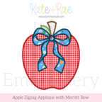 Apple with Bow Zigzag Stitch Applique Embroidery Design: Design preview of a red gingham apple zigzag applique with a blue floral Merritt bow