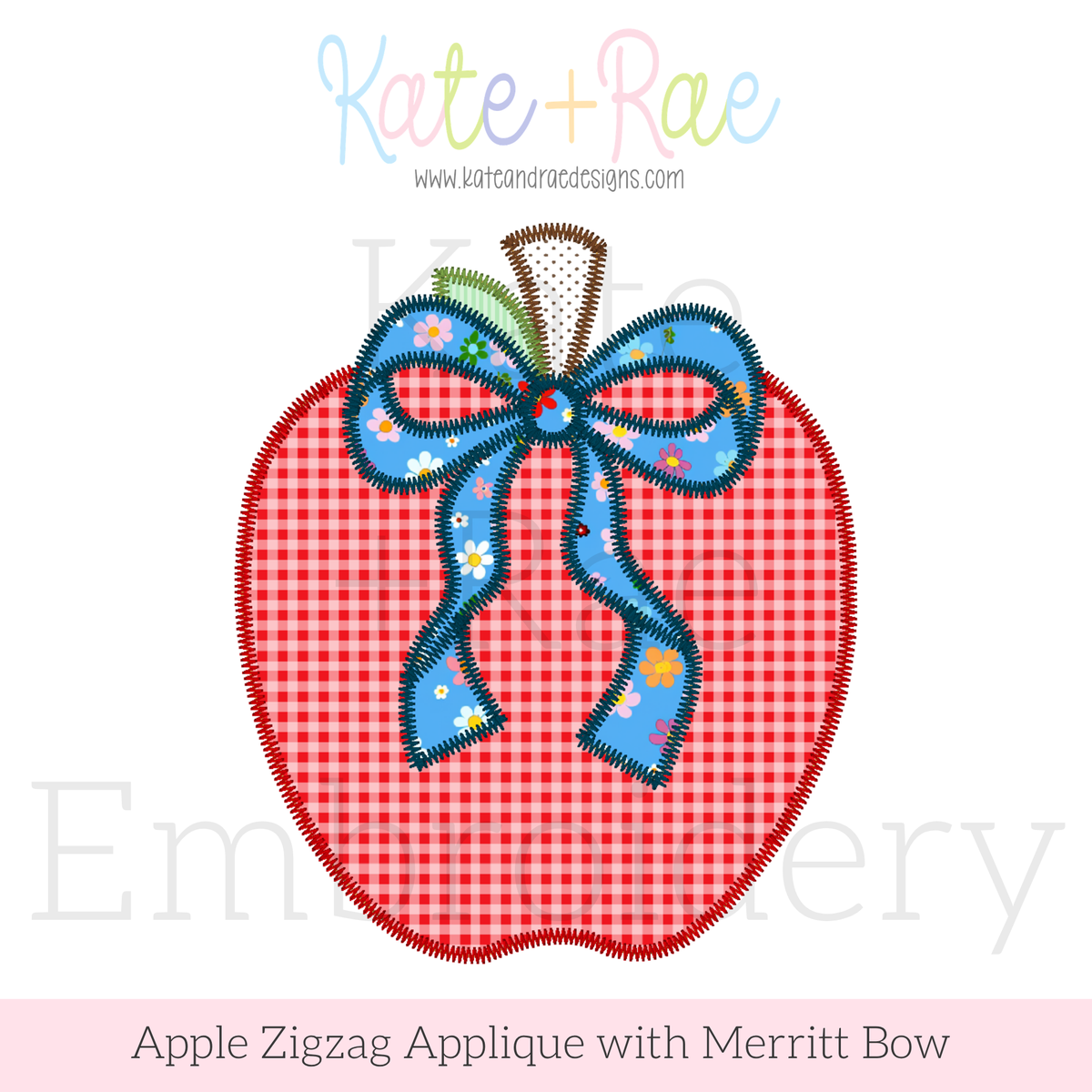 Apple with Bow Zigzag Stitch Applique Embroidery Design: Design preview of a red gingham apple zigzag applique with a blue floral Merritt bow