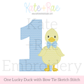 One Lucky Duck with Bow Tie Sketch Stitch Embroidery Design: Design preview of a yellow sketch duck with a blue bow tie beside a blue number 1