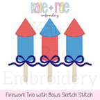 Girl's Firework Trio with Bows Sketch Stitch Embroidery Design: Design preview of three red and blue sketch stitch firework rockets with navy bows