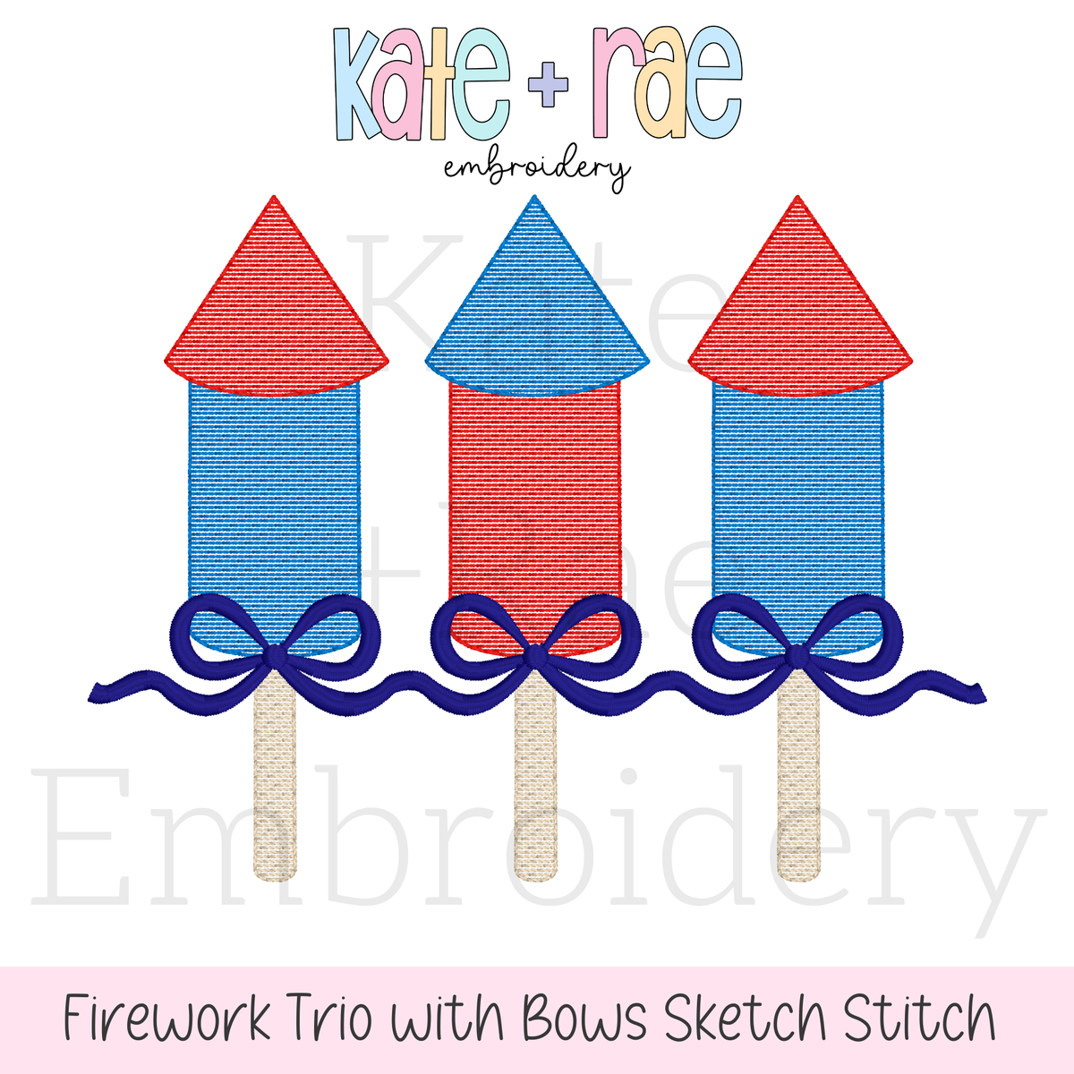Girl's Firework Trio with Bows Sketch Stitch Embroidery Design: Design preview of three red and blue sketch stitch firework rockets with navy bows