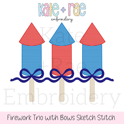Girl's Firework Trio with Bows Sketch Stitch Embroidery Design