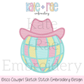 Disco Cowgirl Sketch Stitch Embroidery Design: Design preview of a pastel sketch stitch disco ball wearing a pink cowgirl hat