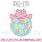 Disco Cowgirl Sketch Stitch Embroidery Design: Design preview of a pastel sketch stitch disco ball wearing a pink cowgirl hat