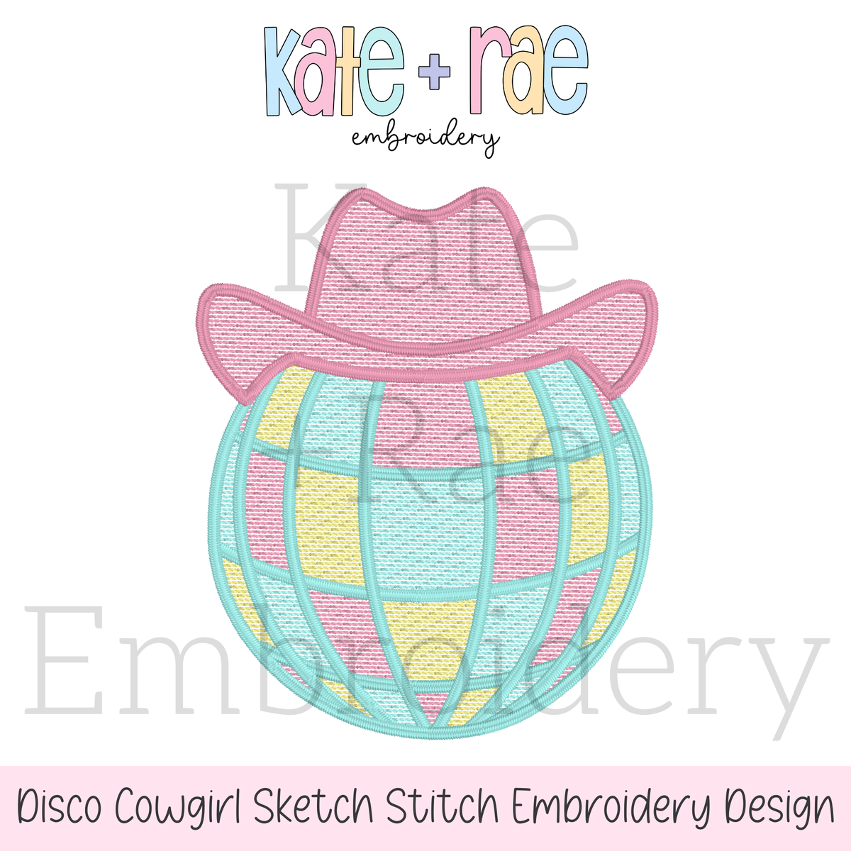 Disco Cowgirl Sketch Stitch Embroidery Design: Design preview of a pastel sketch stitch disco ball wearing a pink cowgirl hat