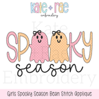 Girls Spooky Season Bean Stitch Applique Embroidery Design: Design preview of SPOOKY with pink and peach bean stitch applique ghosts wearing bows above season