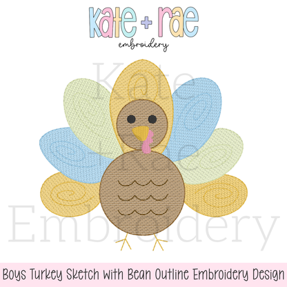 Boy's Thanksgiving Turkey Sketch Stitch with Bean Outline Machine Embroidery Design