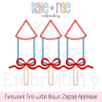 Girl's Firework Trio Zigzag Applique Embroidery Design: Design preview of three red and blue zigzag applique firework rockets with red bows