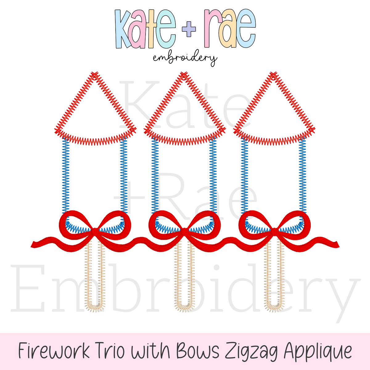 Girl's Firework Trio Zigzag Applique Embroidery Design: Design preview of three red and blue zigzag applique firework rockets with red bows