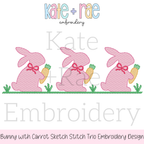 Girl's Easter Bunny with Carrots Trio Sketch Stitch Embroidery Design: Design preview of three pink sketch stitch bunnies with red bows holding carrots on grass