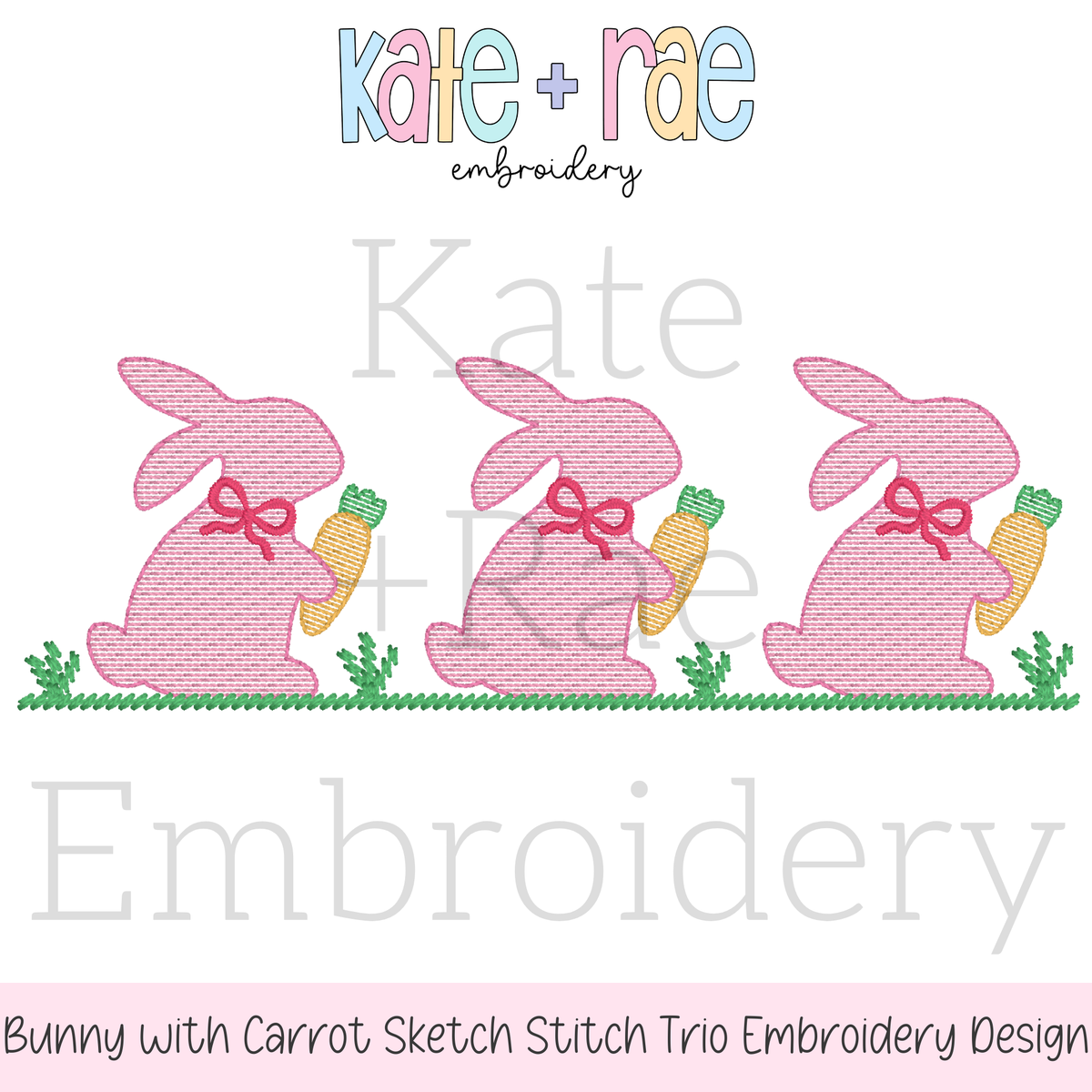 Girl's Easter Bunny with Carrots Trio Sketch Stitch Embroidery Design: Design preview of three pink sketch stitch bunnies with red bows holding carrots on grass