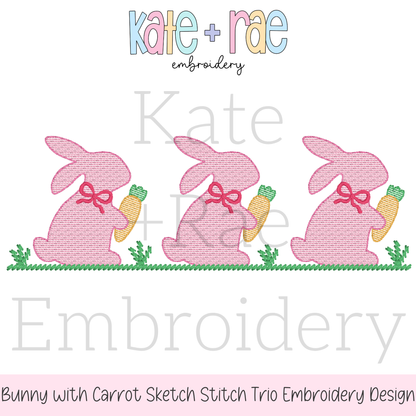 Girl's Easter Bunny with Carrots Trio Sketch Stitch Embroidery Design