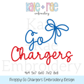 Preppy Go Chargers Embroidery Design: Design preview of the words Go Chargers in blue and red script with a blue bow, available in 4x4, 5x7, 6x10, 7x12, and 8x8