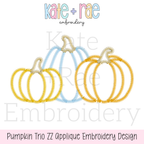 Boy's Fall Pumpkin Trio with Bows Zigzag Stitch Applique Machine Embroidery Design: Design preview of three yellow and blue zigzag applique pumpkin outlines