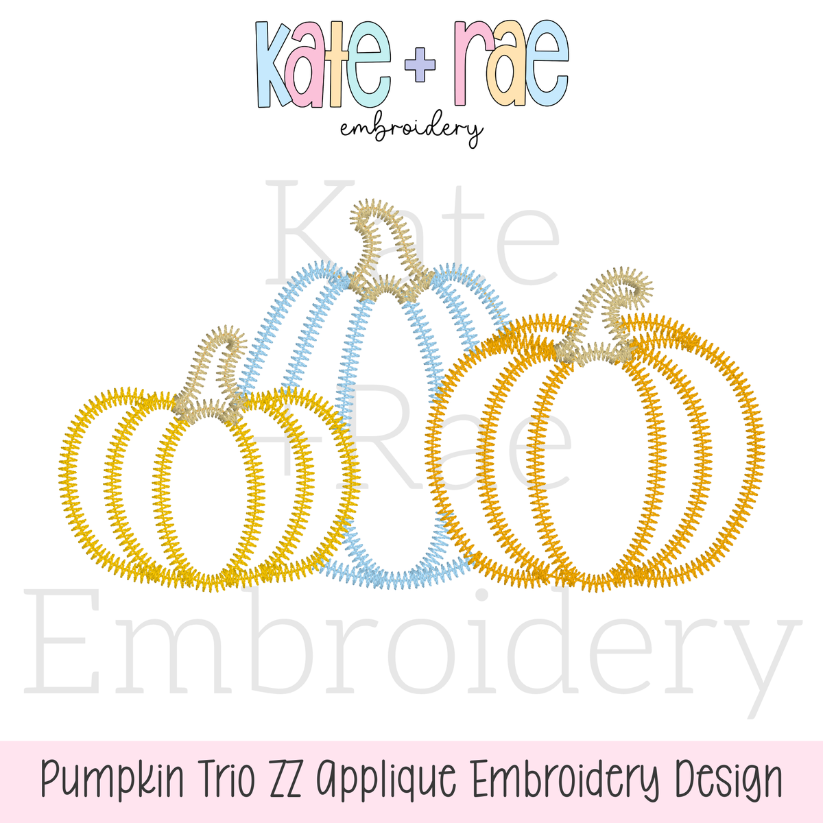 Boy's Fall Pumpkin Trio with Bows Zigzag Stitch Applique Machine Embroidery Design: Design preview of three yellow and blue zigzag applique pumpkin outlines