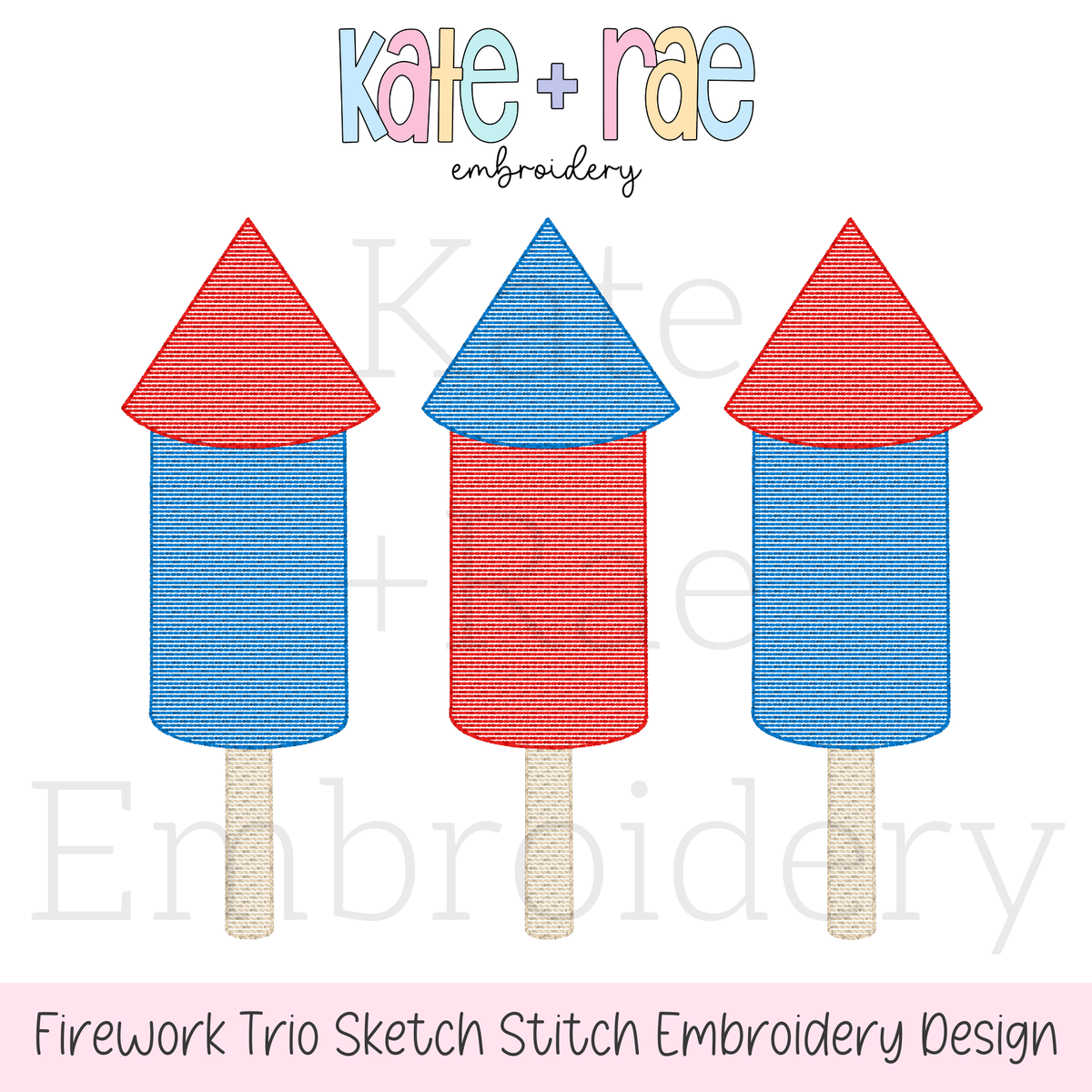 Boy's Firework Trio Sketch Stitch Embroidery Design: Design preview of three red and blue sketch stitch firework rockets