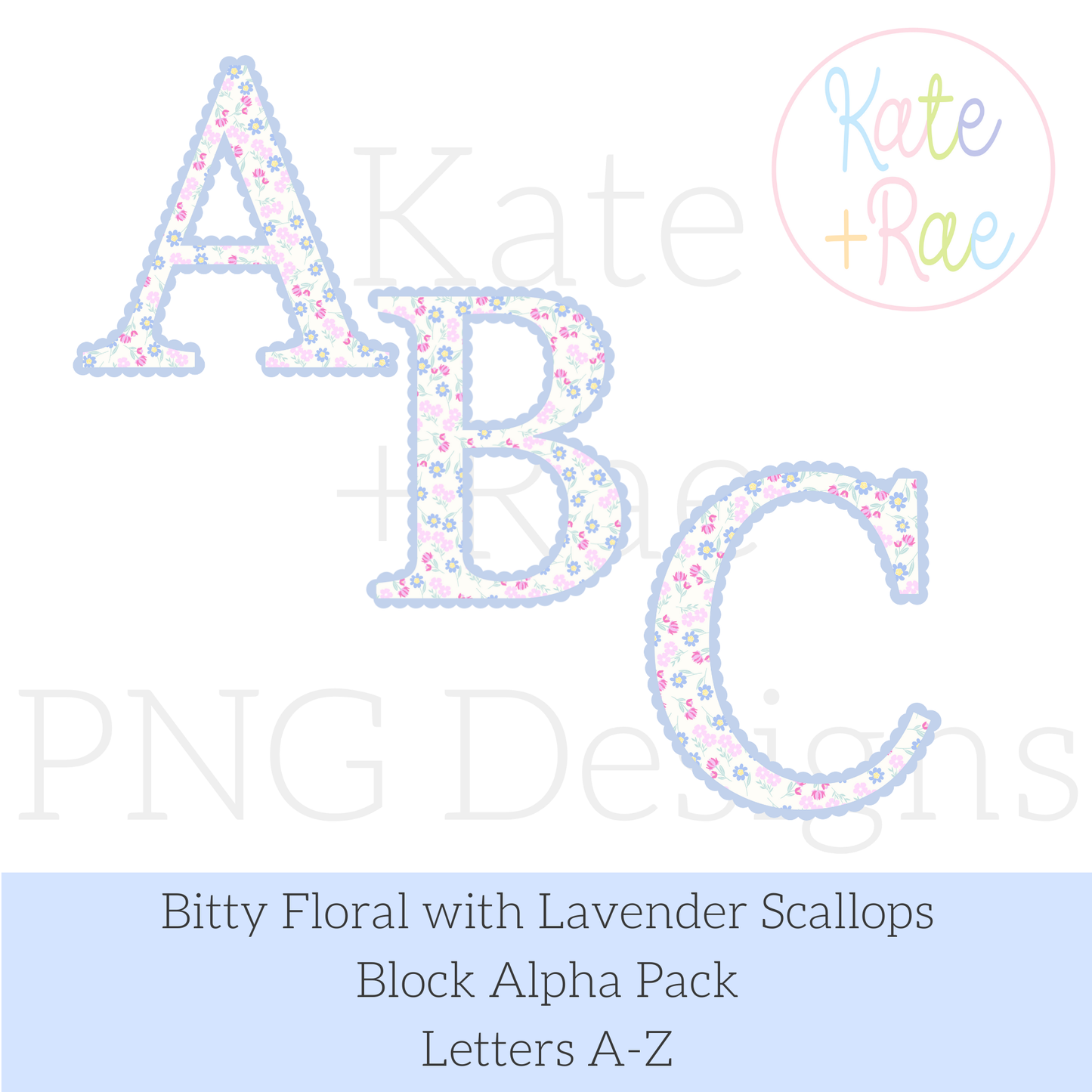 Bitty Floral with Scallop Lavender Border Block Letter Alpha Pack PNG