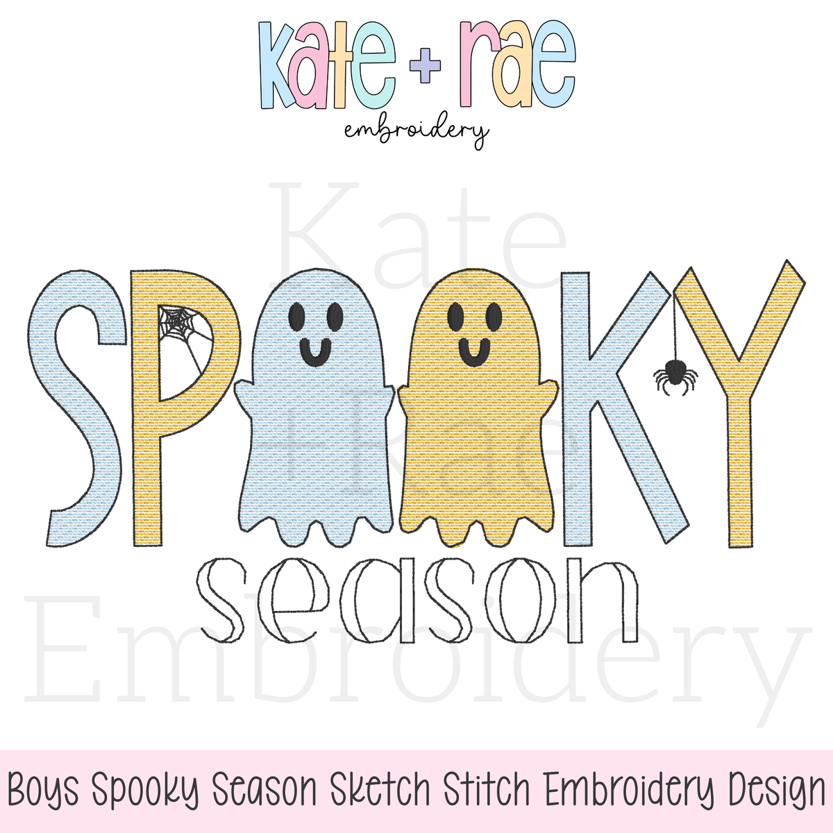 Boys Spooky Season Sketch Stitch Embroidery Design: Design preview of SPOOKY with blue and yellow sketch stitch ghosts and a spider above season