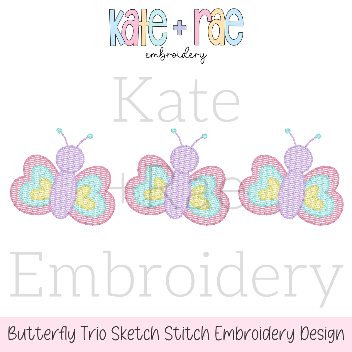 Butterfly Trio Sketch Stitch Embroidery Design: Design preview of three pastel sketch stitch butterflies