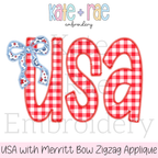 USA with Bow Zigzag Stitch Applique Embroidery Design: Design preview of USA in red gingham zigzag applique letters with a blue floral Merritt bow