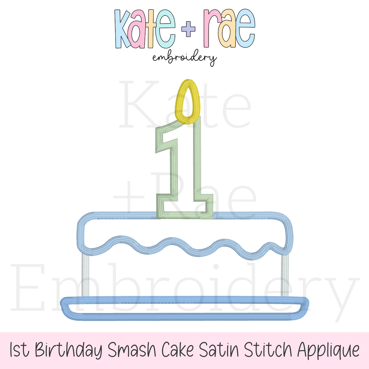 1st Birthday Smash Cake Satin Stitch Applique Embroidery Design: Design preview of a satin stitch applique smash cake with a number 1 candle