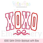 Curved XOXO with Bow Satin Stitch Applique Embroidery Design: Design preview of the word XOXO in pink and red curved collegiate satin applique letters with a bow underneath
