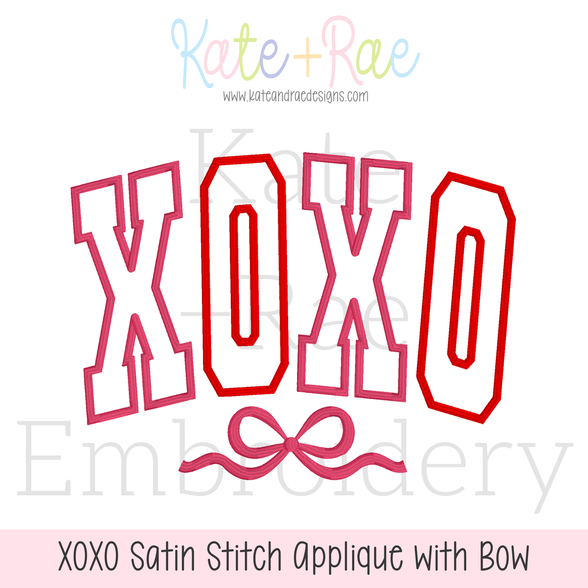 Curved XOXO with Bow Satin Stitch Applique Embroidery Design: Design preview of the word XOXO in pink and red curved collegiate satin applique letters with a bow underneath