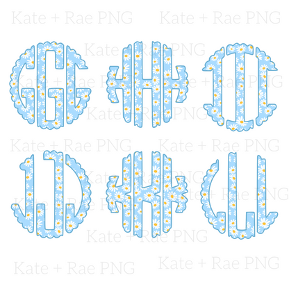 Blue Daisy Scalloped Circle Monogram