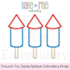 Boy's Firework Trio Zigzag Applique Embroidery Design: Design preview of three red and blue zigzag applique firework rocket outlines