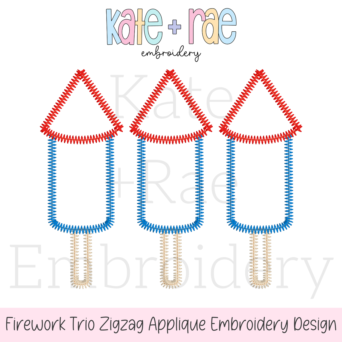 Boy's Firework Trio Zigzag Applique Embroidery Design: Design preview of three red and blue zigzag applique firework rocket outlines