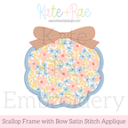 Scallop Circle Monogram Frame with Bow Satin Applique Embroidery Design: Design preview of a floral scallop circle satin applique with a peach bow