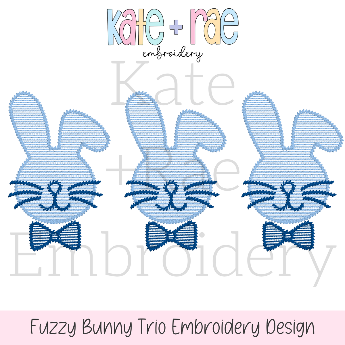 Boy's Fuzzy Easter Bunny Trio Sketch Stitch Embroidery Design: Design preview of three fuzzy blue bunnies with whiskers and navy bow ties, available in 5x5, 5x7, 6x6, 7x7, and 8x8
