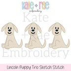 Lincoln Puppy Dog Trio Sketch Stitch Embroidery Design: Design preview of three tan sketch stitch puppies sitting in a row