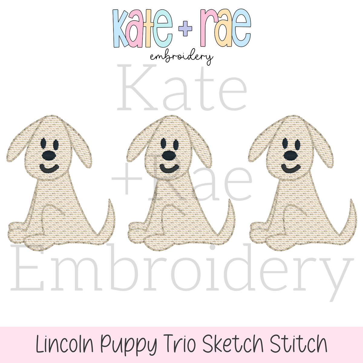 Lincoln Puppy Dog Trio Sketch Stitch Embroidery Design: Design preview of three tan sketch stitch puppies sitting in a row