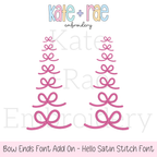 Bow Font Add On Embroidery Design: Design preview of pink curly bow end add ons in seven sizes