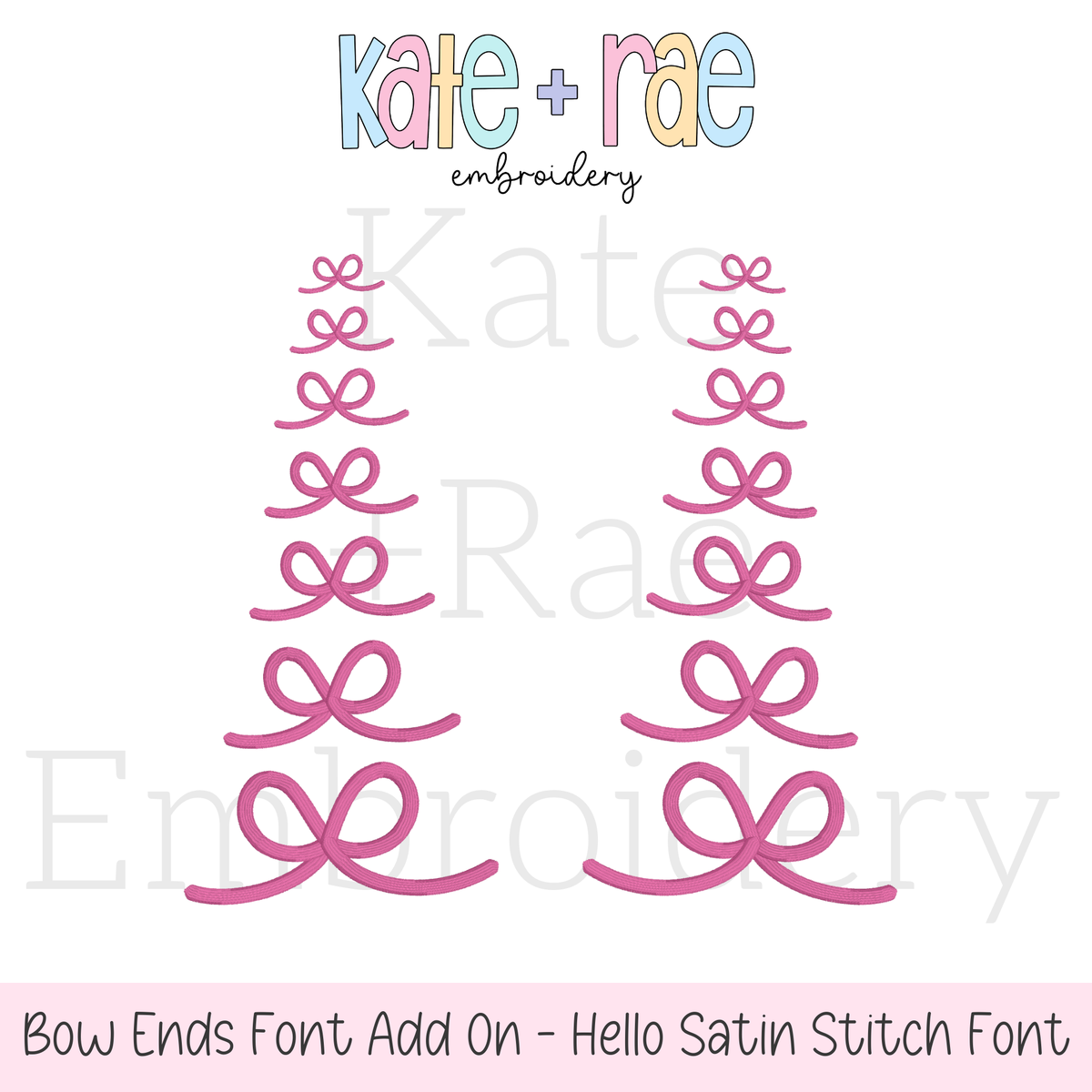 Bow Font Add On Embroidery Design: Design preview of pink curly bow end add ons in seven sizes