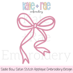 Sadie Bow Satin Stitch Applique Embroidery Design: Design preview of a pink Sadie bow satin stitch outline with long tails