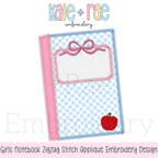 Girl's Back to School Notebook Zigzag Applique Embroidery Design: Design preview of a blue gingham zigzag applique notebook with a pink bow label and red apple