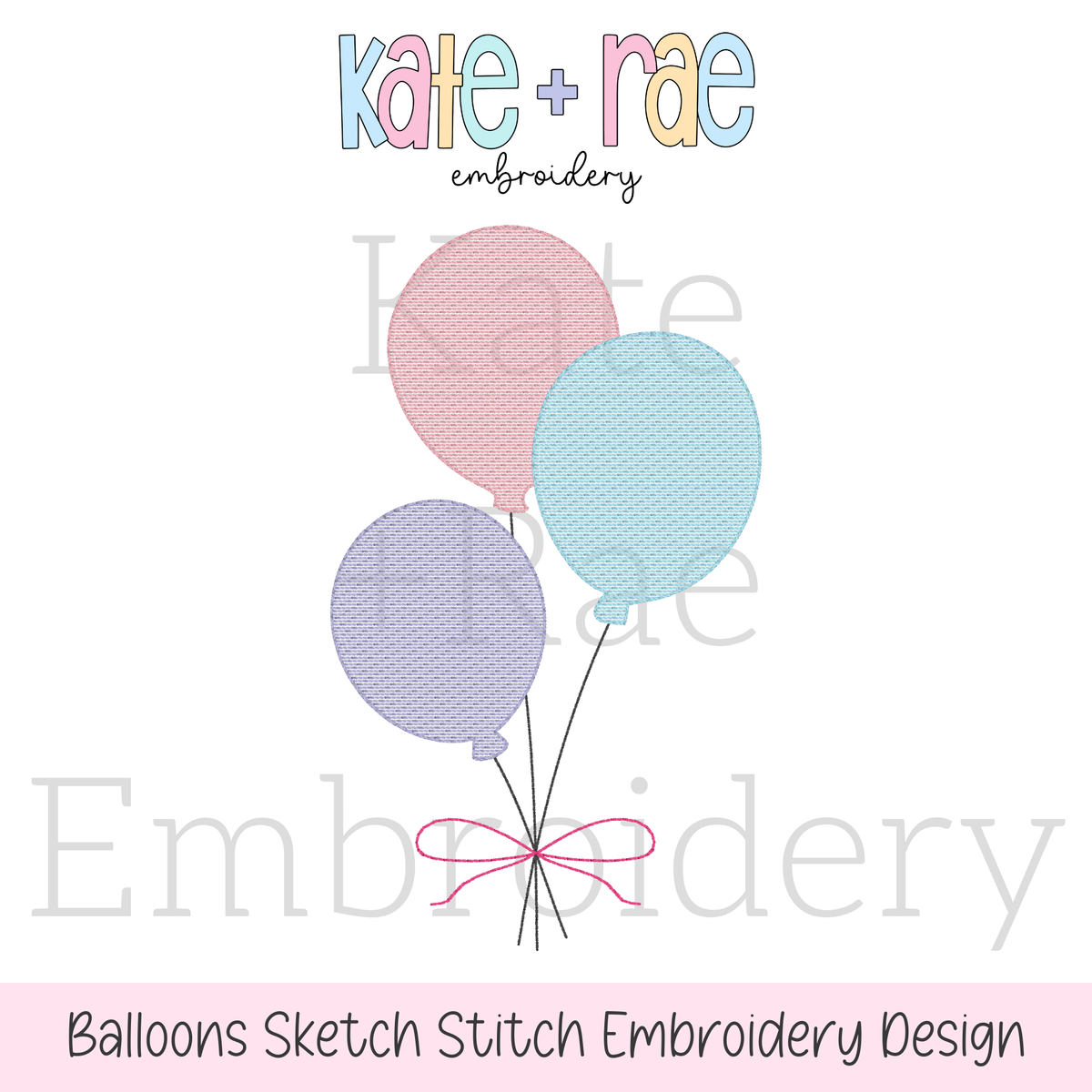 Birthday Balloons Sketch Stitch Embroidery Design: Design preview of three pink, blue, and purple sketch stitch balloons tied with a pink bow