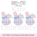 Girl's Plaid Fuzzy Easter Bunny Trio Sketch Stitch Embroidery Design: Design preview of three pink plaid fuzzy bunnies with blue bows, available in 5x5, 5x7, 6x6, 7x7, and 8x8