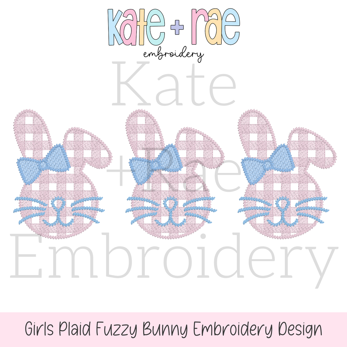 Girl's Plaid Fuzzy Easter Bunny Trio Sketch Stitch Embroidery Design: Design preview of three pink plaid fuzzy bunnies with blue bows, available in 5x5, 5x7, 6x6, 7x7, and 8x8