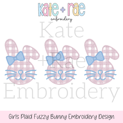 Girl's Plaid Fuzzy Easter Bunny Trio Sketch Stitch Embroidery Design