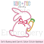 Girl's Easter Bunny with Carrot and Bow Satin Stitch Applique Embroidery Design: Design preview of a pink satin stitch applique bunny outline with a bow holding a carrot