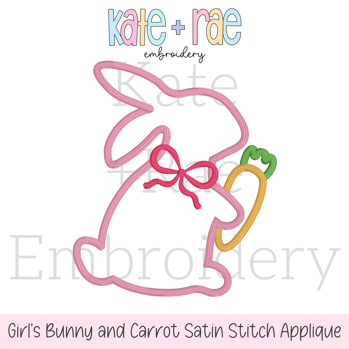 Girl's Easter Bunny with Carrot and Bow Satin Stitch Applique Embroidery Design: Design preview of a pink satin stitch applique bunny outline with a bow holding a carrot